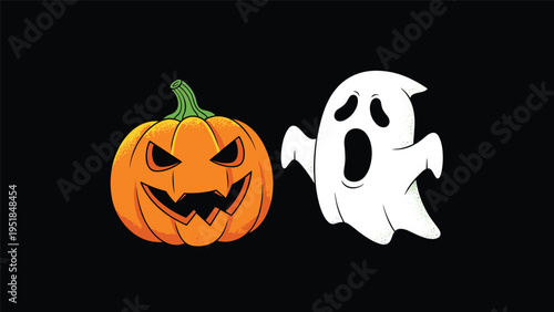 Spooky Halloween illustration featuring a menacing carved jack-o-lantern pumpkin and a flying white ghost on a black background.