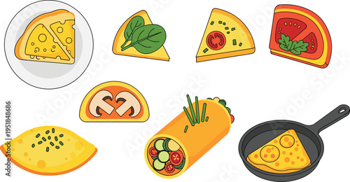 Omelette and Egg Dishes Illustration Set with Cheese Spinach Tomato Wrap Pan Cooking Breakfast Food Flat Cartoon Vector Collection