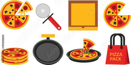 Pizza Food Illustration Set with Slices Cutter Box Pan Stack and Takeaway Pack Flat Cartoon Fast Food Vector Collection