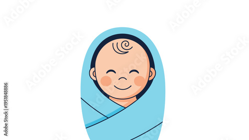 Sweet illustration of a happy smiling baby wrapped snugly in a light blue swaddle blanket against a white background.