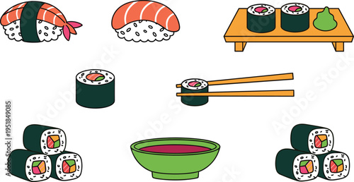 Sushi Japanese Food Illustration Set with Nigiri Maki Rolls Chopsticks Bowl and Wasabi Flat Cartoon Vector Collection
