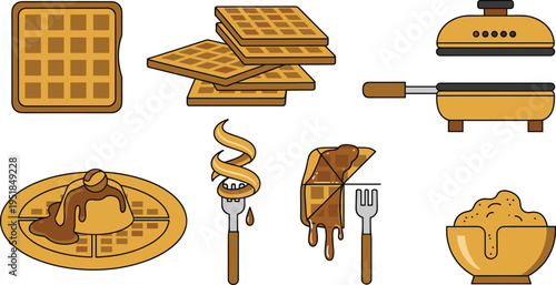 Waffle Breakfast Illustration Set with Syrup Fork Plate Grill Maker and Dessert Elements Flat Cartoon Food Vector Collection
