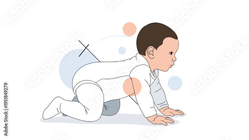 Developmental illustration of a young baby in white clothing learning to crawl on a clean white background with abstract shapes.