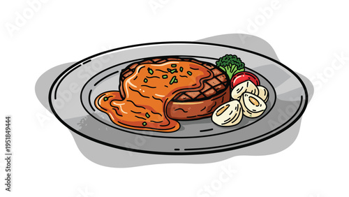 Savory hamburger steak served on a grey plate with a rich brown gravy sauce, broccoli, tomato, and mushrooms.