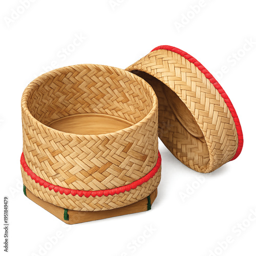 Empty Thai Bamboo Sticky Rice Basket (Kratip) with Open Lid, Isolated on Transparent Background