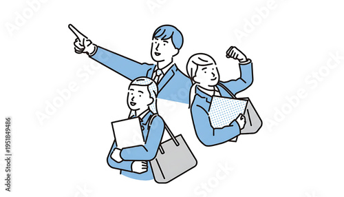 Team of three business professionals in blue suits with one pointing forward and another flexing arm, conveying leadership and success