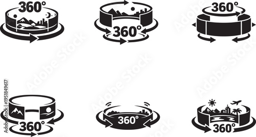 3D panorama icon set with 360 degree rotation symbols for virtual reality and immersive media use.