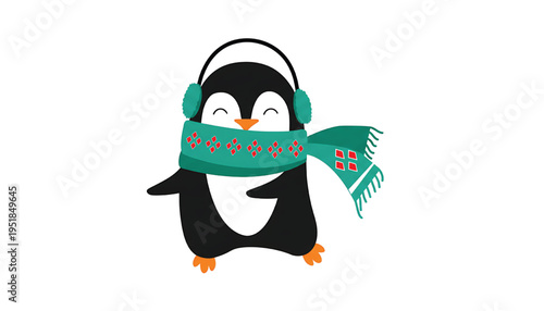 Penguin wearing headphones and a teal scarf with red diamond pattern, appearing happy and cheerful with closed eyes and a smile.