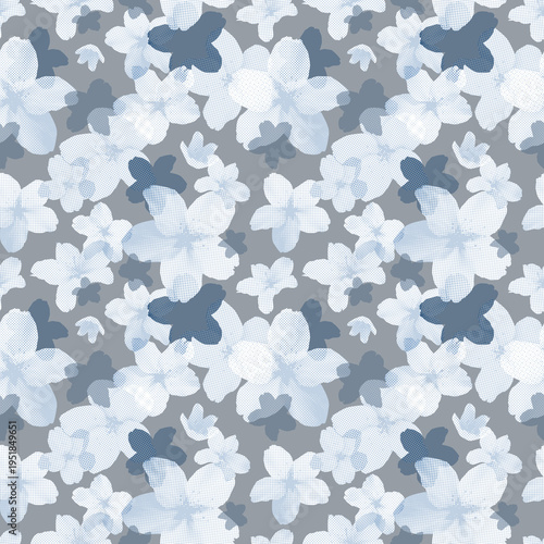 Seamless pattern of cherry blossoms in gray-blue tones with texture, pattern for fabric and other designs
