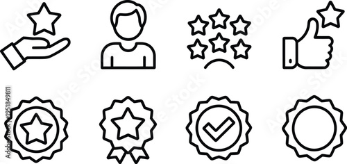 Black line icon set featuring hand with star, user, thumbs up, stars, and various award seals representing quality and satisfaction.
