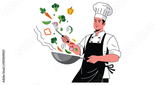 A cheerful chef stands with cooking utensils surrounded by fresh produce in a vibrant illustration silhouette high quality professional detailed modern