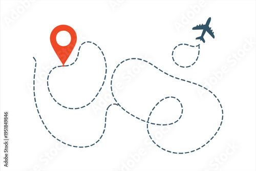 Airplane route map with location pin and dashed line showing travel path and destination