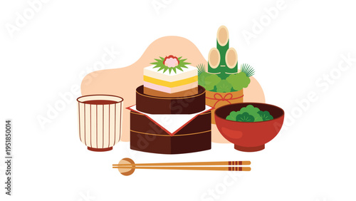 Still life illustration of traditional Japanese food including kagami mochi, green beans in a bowl, and a cup of tea for a festive meal.