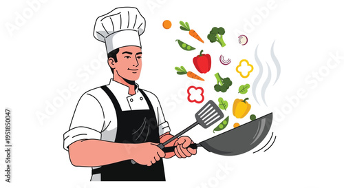 A cheerful chef cooks with fresh vegetables in a wok creating a vibrant and flavorful dish silhouette high quality professional detailed