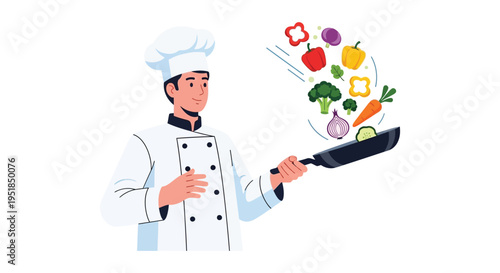 A cheerful chef prepares a colorful dish with fresh vegetables illustrated in a flat dynamic silhouette high quality professional detailed modern