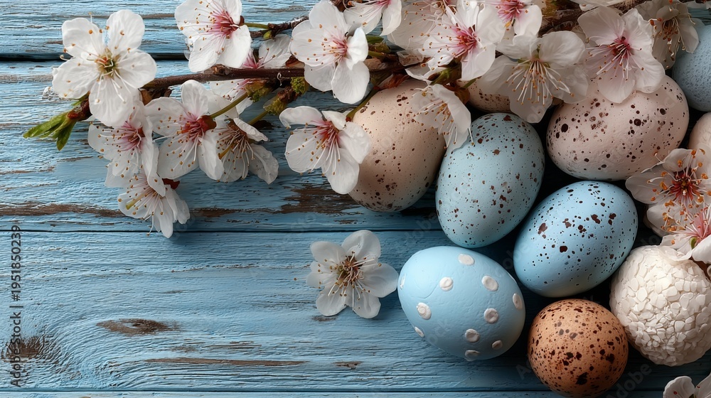 Obraz premium An Easter composition featuring pastel speckled eggs and delicate white spring blossoms on a rustic, weathered blue wooden background.