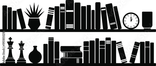 Bookshelf silhouette illustration, stacked books with decor items clock plant and chess pieces, home library concept, reading and education theme, interior design graphic