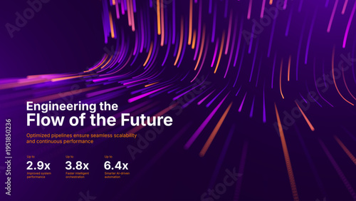 Tech Innovation Visualization. Dynamic Data Flow in Purple Gradient. AI Processing Concept with Particle Bokeh Effects. Modern Digital Transformation Design.