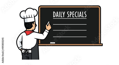 A chef in uniform stands beside a chalkboard displaying daily specials a bold graphic silhouette high quality professional detailed modern elegant