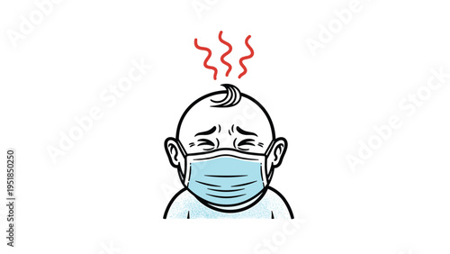 Concerned illustration of a baby wearing a medical face mask with wavy red heat lines above its head on a white background.