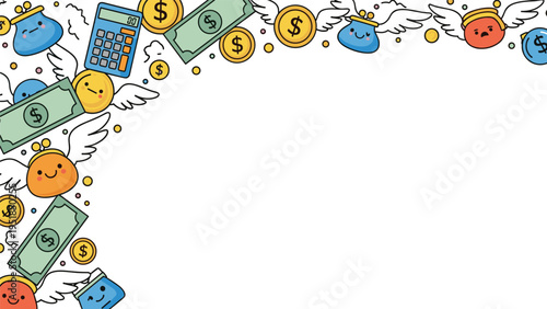 Playful finance background featuring flying money, coins with wings, colorful purses, and a digital calculator in the upper corner.