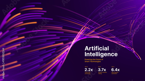 Neural Data Flow with Futuristic Effects. AI Technology Visualization for Internet. Purple Gradient Science Design. Cyber Concept with Particle Stream.