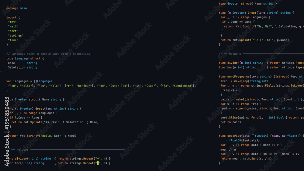 © ec0de - Dark Programmer Screen with Hello World Application and Dynamic Syntax Highlighting in Advanced Development Environment.