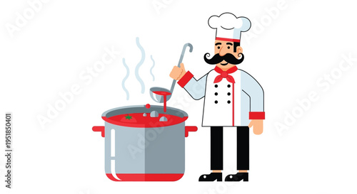 A cheerful cartoon chef stands beside a steaming pot stirring with a ladle a distinct silhouette high quality professional detailed