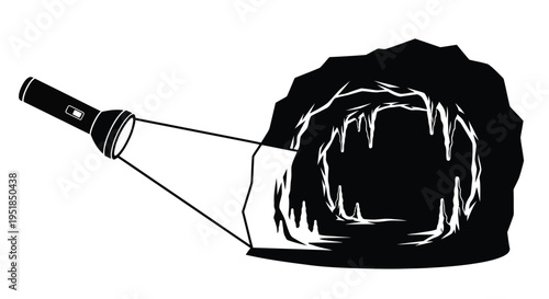 A flashlight beam illuminates the dark opening of a cave or cavern