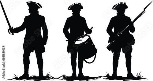 American Revolutionary War soldiers silhouette, colonial army infantry with musket drum and sword, historical military figures, patriot army concept illustration