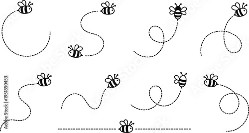 Bee flight path collection vector, black and white cartoon insects with dotted trails, playful nature illustration, pollination concept design, minimal graphic set