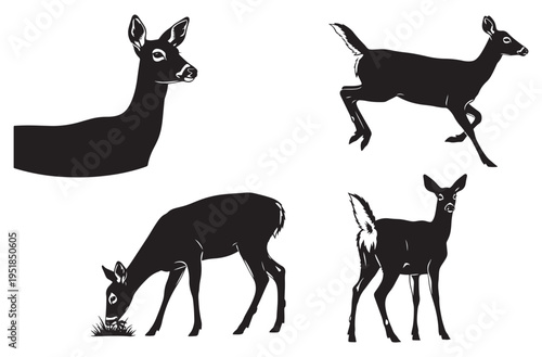 Deer doe silhouette set featuring various poses including running grazing and alert positions for woodland nature projects forest wildlife illustrations and outdoor animal graphics