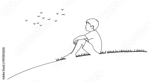 A young boy sits and watches birds fly overhead in a simple line drawing