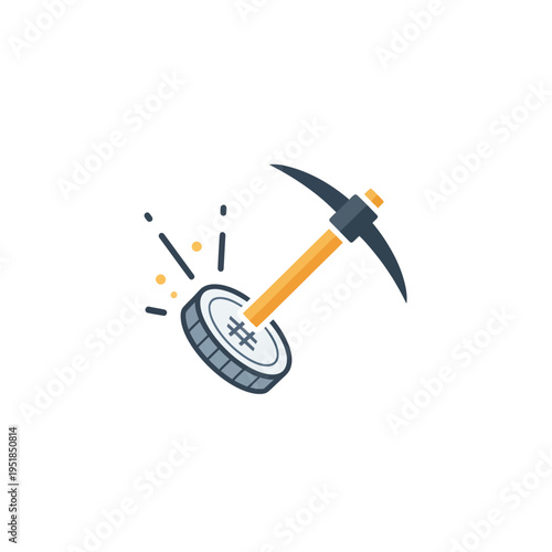 Pickaxe hitting digital coin with hashtag symbol and sparks