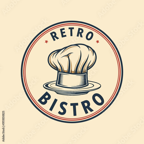 Classic retro bistro or restaurant branding emblem featuring a charming chef's hat illustration, ideal for eateries and culinary establishments