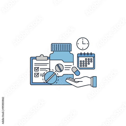 Pill bottle, schedule, and hand for medication management