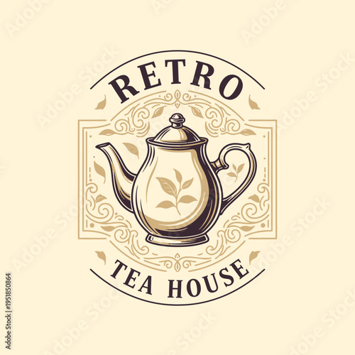 Retro Tea House Logo with Ornate Teapot and Leaf Embellishments
