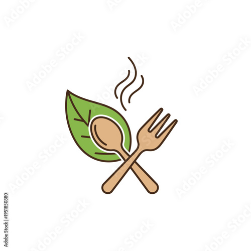 Plant-based meal icon with leaf, spoon, fork, and steam