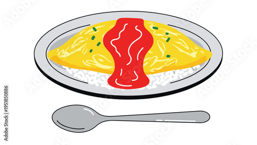 Classic Japanese omurice dish featuring an omelet over rice topped with bright red tomato ketchup on a white plate with a spoon.