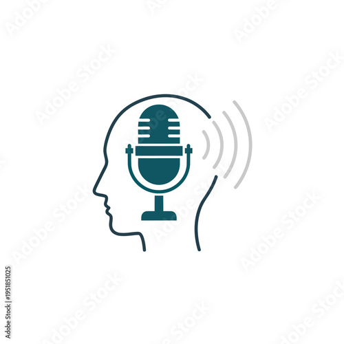 Profile human head with microphone icon and sound waves