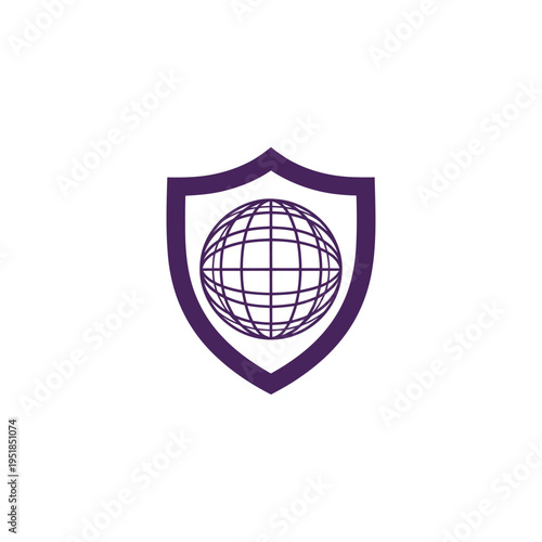 Purple shield protecting a grid globe icon on white background
