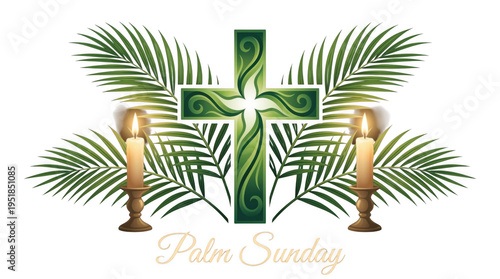 A solemn and spiritual illustration depicting the religious significance of Palm Sunday, featuring a decorative cross, graceful palm fronds, and two illuminating candles.