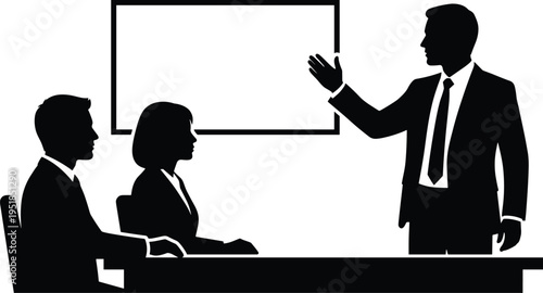 Business presentation meeting silhouette vector illustration, corporate training seminar with manager explaining strategy to team, professional office communication concept design