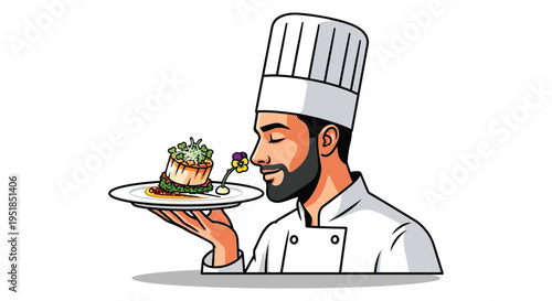 A chef with a beard carefully presents a beautifully plated dish admiring his culinary creation silhouette high quality professional detailed