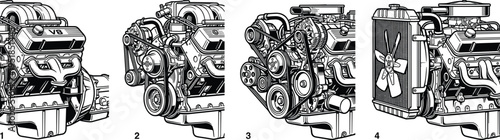 Car engine illustration set, detailed automotive motor components with belts radiator and fan, mechanical engineering concept, vehicle engine parts diagram, technical drawing collection