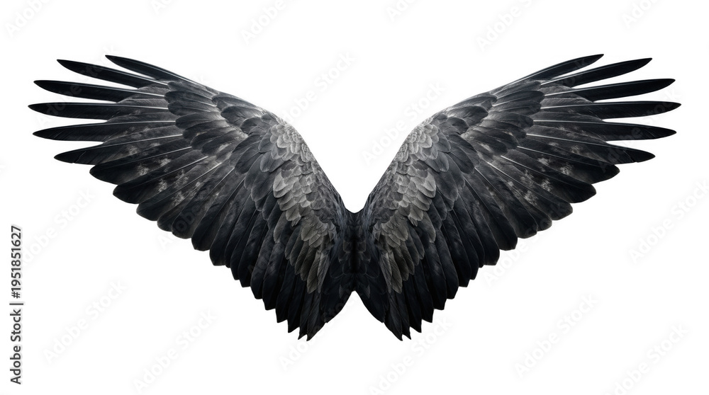 Fototapeta premium Impressive dark feathered wings elegantly spread, symbolizing freedom, strength, and flight, perfect for various design and conceptual projects.