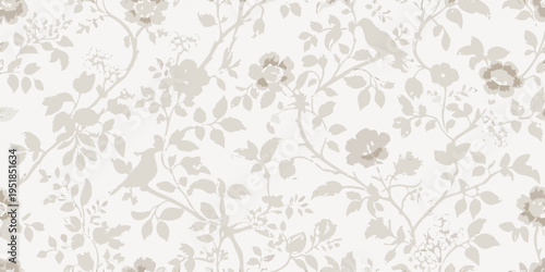 Delicate floral pattern with birds and blossoming branches beige tones