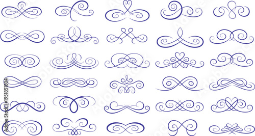 A collection of elegant blue calligraphic flourishes and decorative elements isolated on a white background for design purposes
