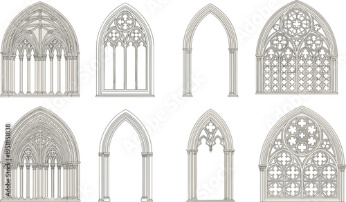 Black silhouette vector illustration of Gothic windows and arches with ornate tracery and columnar supports, symbolizing medieval architecture and decorative design themes