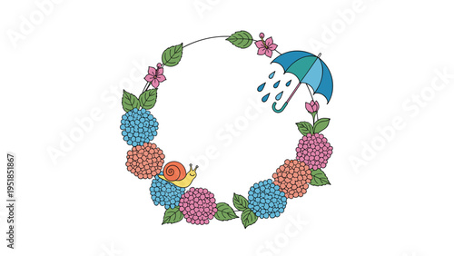 Beautiful floral wreath featuring pink and blue hydrangeas, a smiling snail, an umbrella, and raindrops on a white background.